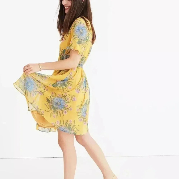 Madewell 00 Sweetgrass Ruffle Sleeve Dress Painted Blooms Yellow Gold Poly J0668 - Picture 5 of 9